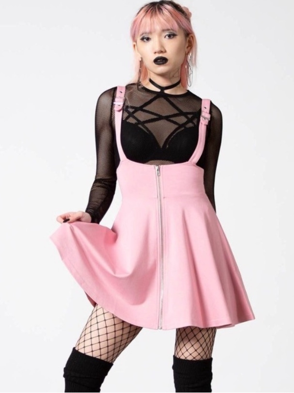 Killstar Pastel Pink Zip-Front Suspender Skater Dress